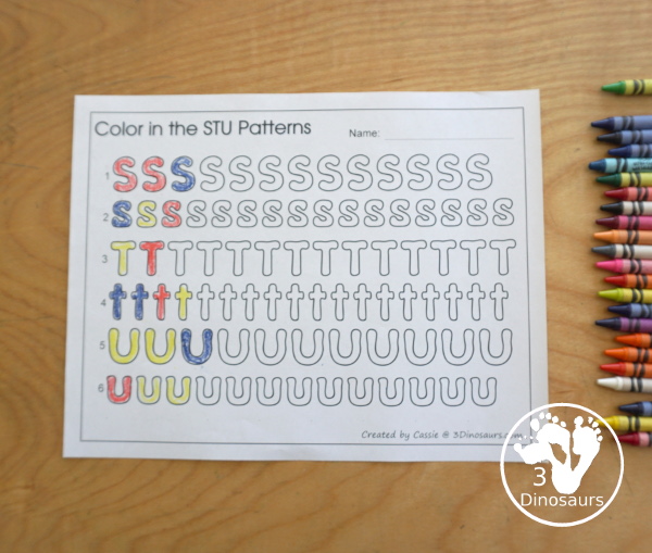 Free Romping & Roaring STU Review Pack- with letter s, letter t, and letter u printables for reviewing the three letters with tracing, puzzles, coloring pages, finger puppets, game and more- 3Dinosaurs.com