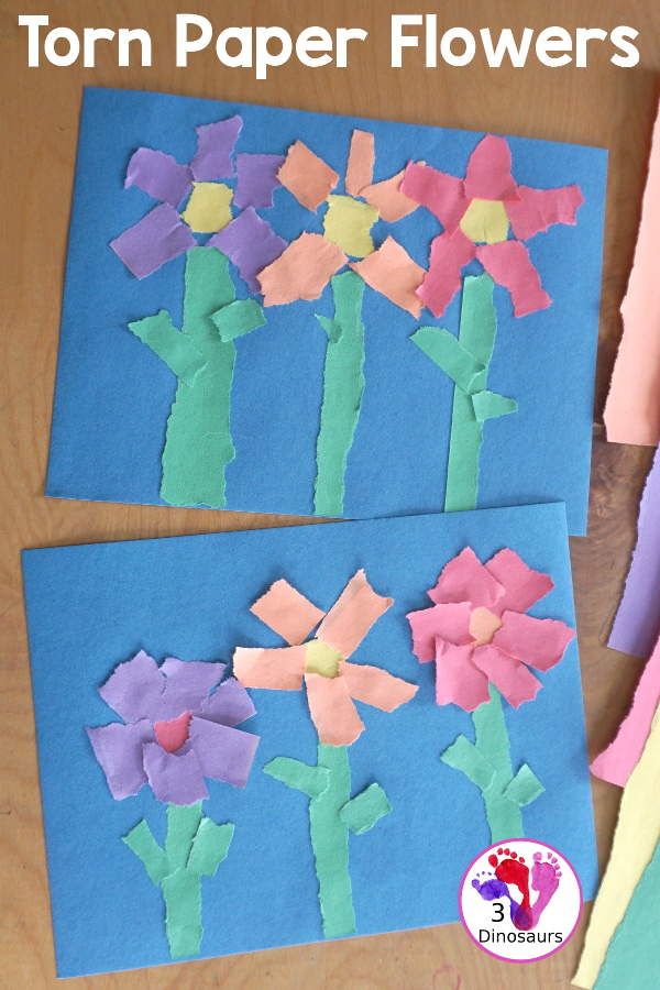 Torn Paper Flowers - a fun torn paper craft that kids can do with glue and construction paper. A simple flower craft for kids in preschool and prek. 3Dinosaurs.com