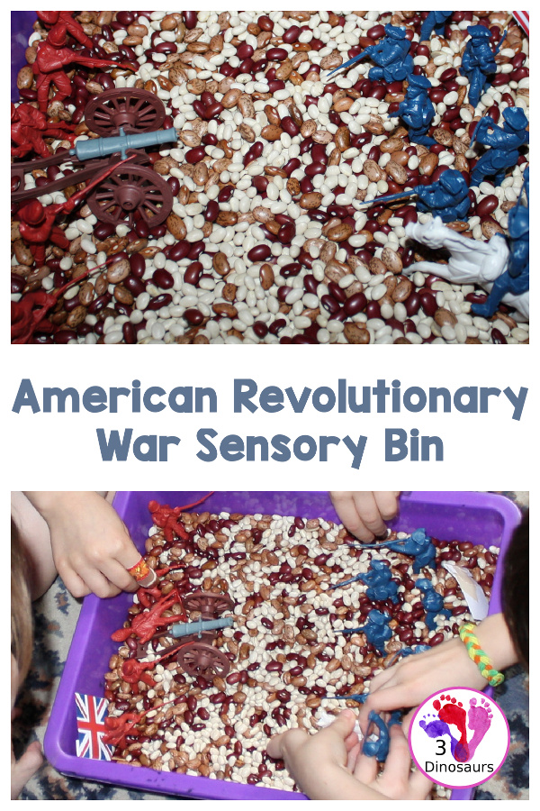 American Revolution Sensory Bin - a simple sensory bin made with beans and plastic figures for the American and British size of the war. 3Dinosaurs.com