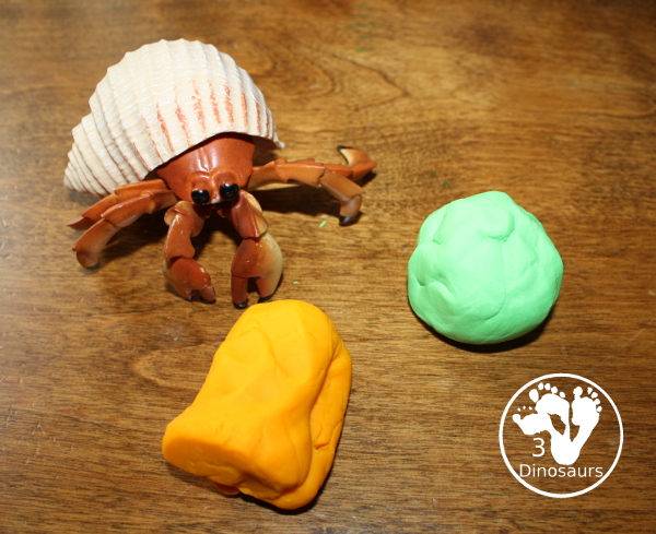 Playdough House for Hermit Crab - a fun book and playdough activity that kids can do. Have kids make their own decorations for a hermit crab with playdough. 3Dinosaurs.com