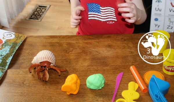 Playdough House for Hermit Crab - a fun book and playdough activity that kids can do. Have kids make their own decorations for a hermit crab with playdough. 3Dinosaurs.com