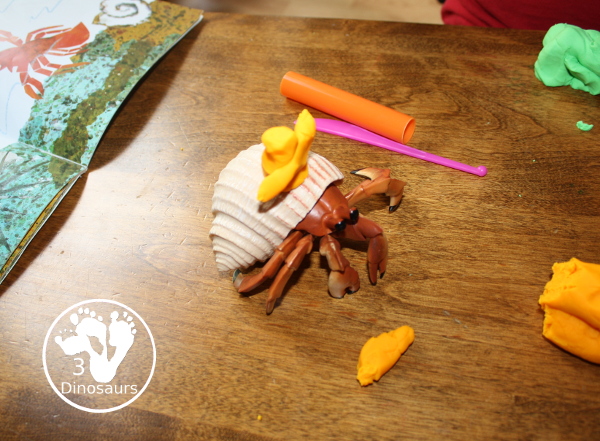 Playdough House for Hermit Crab - a fun book and playdough activity that kids can do. Have kids make their own decorations for a hermit crab with playdough. 3Dinosaurs.com