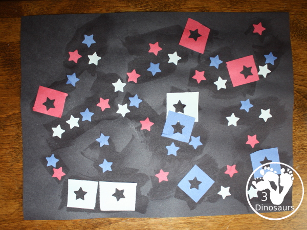Red, White & Blue Star Craft - a fun star punch craft that is easy to do for kids of various ages. Kids will punch out the star and blue them on the black paper. A great Fourth of July Craft. 3Dinosaurs.com