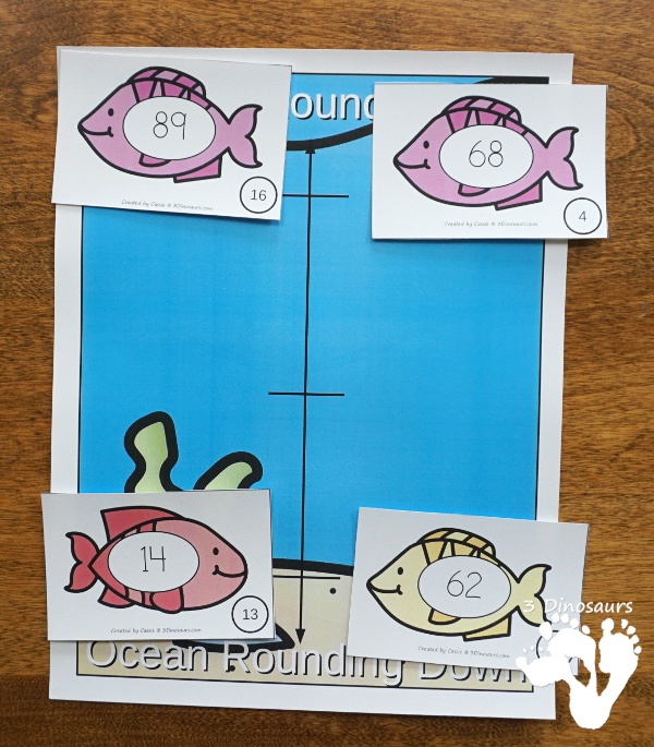 Free Ocean Fish Rounding by Place Value - 3 levels of fish with a recording sheet and rounding mats all to help with different levels of rounding - #freeprintable #mathforkids #3dinosaurs