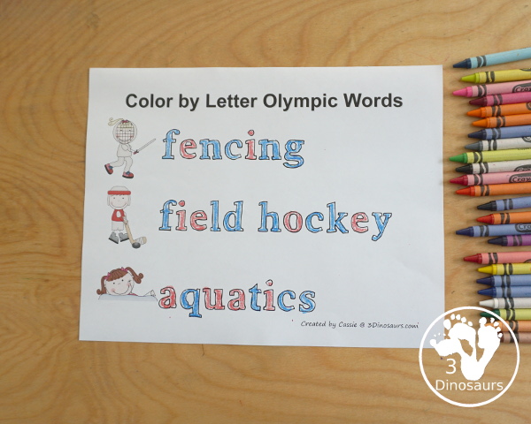 Free Summer Olympic Pack Extra: Color by Letter - with 30 words for kids to color and learn with summer sport themes - 3Dinosaurs.com