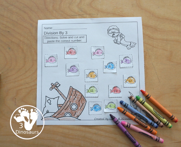 Free Ocean Cut & Paste Division Printable - with Division for 1 to 12 with cut and paste the answer on the equation and make a fun ocean scene - 3Dinosaurs.com- 3Dinosaurs.com