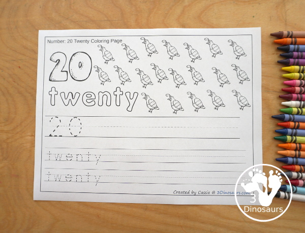 Free Number Coloring & Tracing Printable - It has 0 to 20 for the numbers. You have tracing numerical numbers and number words or writing numerical numbers and number words - 3Dinosaurs.com