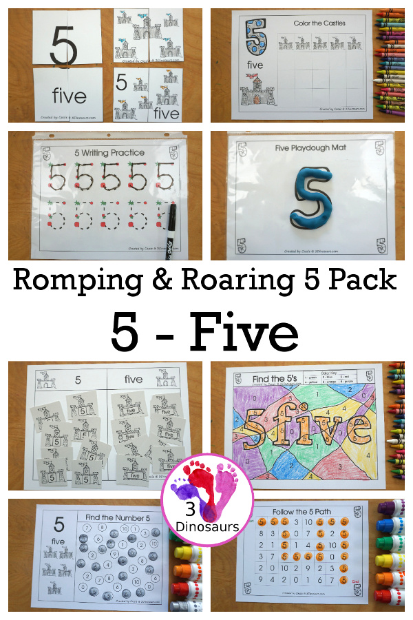 Free Romping and Roaring Number 5 Knight Theme Pack with number 5 worksheets, number 5 puzzles, number 5 handwriting, number 5 dot marker worksheets and more for PreK and kindergarten age kids with a castle and knight theme. - 3Dinosaurs.com