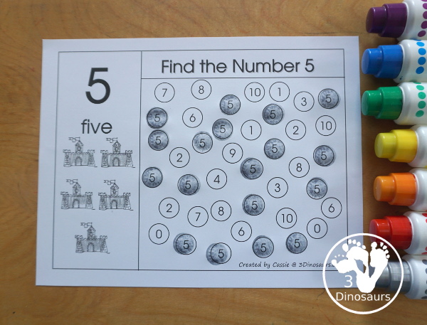 Free Romping and Roaring Number 5 Knight Theme Pack with number 5 worksheets, number 5 puzzles, number 5 handwriting, number 5 dot marker worksheets and more for PreK and kindergarten age kids with a castle and knight theme. - 3Dinosaurs.com