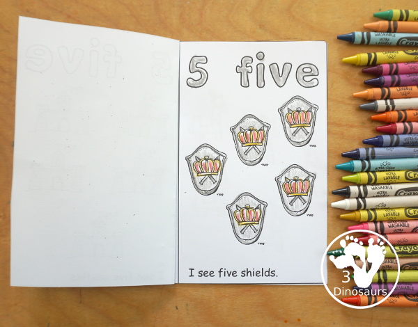 Free Romping and Roaring Number 5 Knight Theme Pack with number 5 worksheets, number 5 puzzles, number 5 handwriting, number 5 dot marker worksheets and more for PreK and kindergarten age kids with a castle and knight theme. - 3Dinosaurs.com