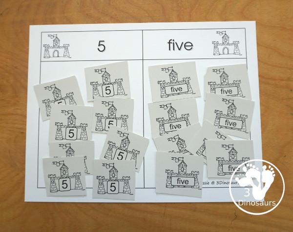 Free Romping and Roaring Number 5 Knight Theme Pack with number 5 worksheets, number 5 puzzles, number 5 handwriting, number 5 dot marker worksheets and more for PreK and kindergarten age kids with a castle and knight theme. - 3Dinosaurs.com