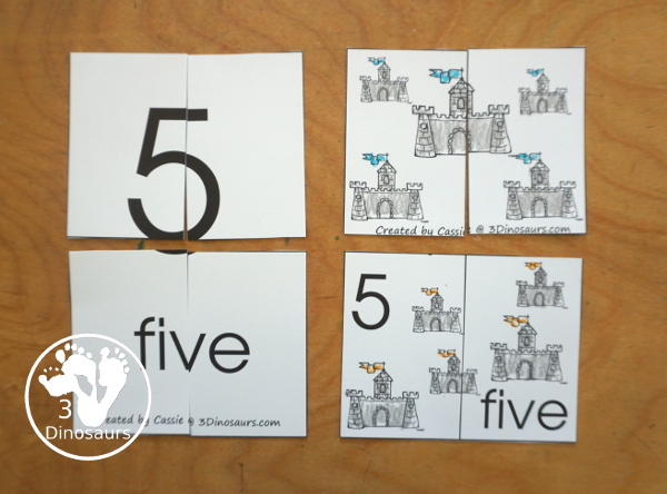 Free Romping and Roaring Number 5 Knight Theme Pack with number 5 worksheets, number 5 puzzles, number 5 handwriting, number 5 dot marker worksheets and more for PreK and kindergarten age kids with a castle and knight theme. - 3Dinosaurs.com