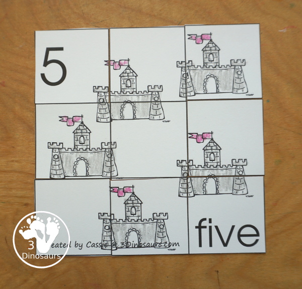 Free Romping and Roaring Number 5 Knight Theme Pack with number 5 worksheets, number 5 puzzles, number 5 handwriting, number 5 dot marker worksheets and more for PreK and kindergarten age kids with a castle and knight theme. - 3Dinosaurs.com