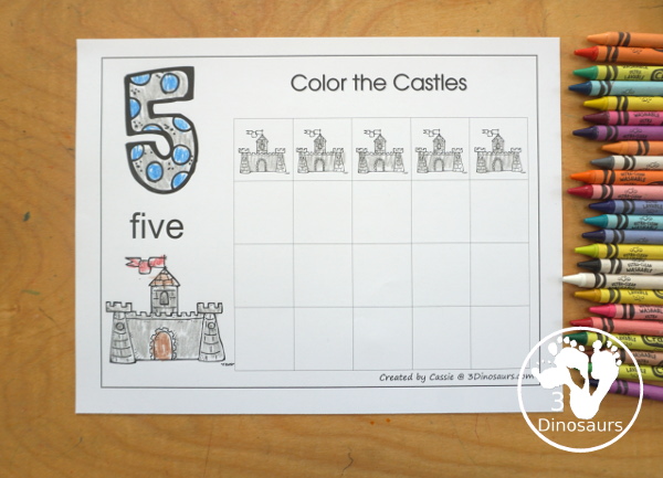 Free Romping and Roaring Number 5 Knight Theme Pack with number 5 worksheets, number 5 puzzles, number 5 handwriting, number 5 dot marker worksheets and more for PreK and kindergarten age kids with a castle and knight theme. - 3Dinosaurs.com