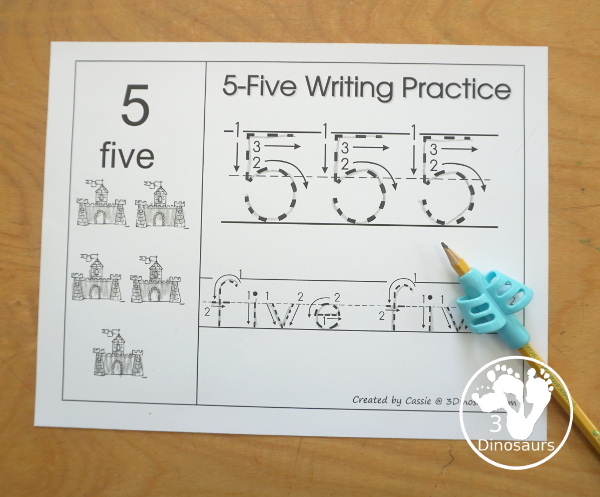 Free Romping and Roaring Number 5 Knight Theme Pack with number 5 worksheets, number 5 puzzles, number 5 handwriting, number 5 dot marker worksheets and more for PreK and kindergarten age kids with a castle and knight theme. - 3Dinosaurs.com