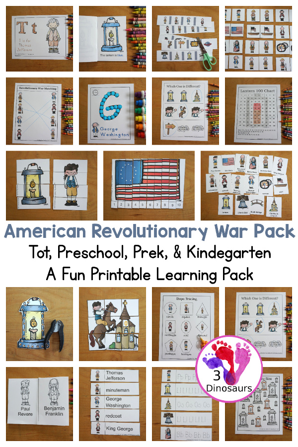 Free American Revolutionary War Pack Printable For Tot, Preschool, Prek & Kindergarten - The Pack has hand-on puzzles, clip cards, and more with writing, vocab cards, tracing strips, and more for the older kids. A great way to learn different figures from the War and learn about history. - 3Dinosaurs.com
