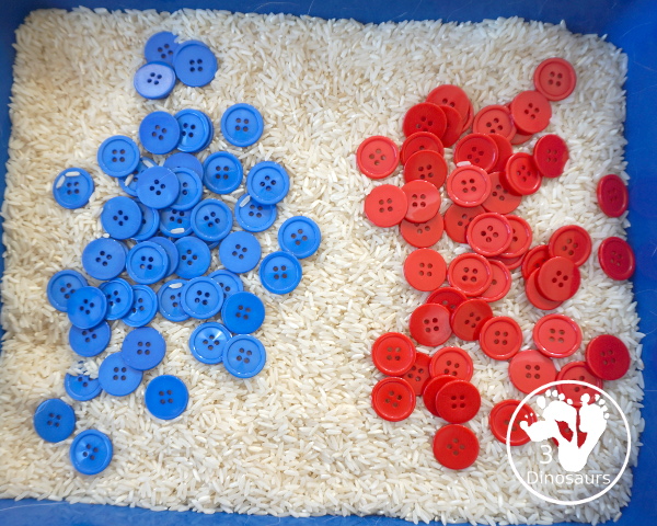 Red, White & Blue Button Sensory Bin -a simple color sensory bin with buttons for the Fourth of July or Flag Day. Easy to set up and use. And kids love the simple play with the buttons - 3Dinosaurs.com