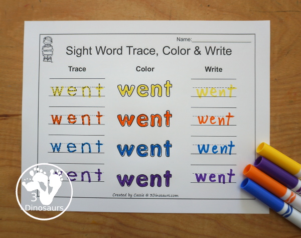 Free Romping & Roaring Primer Sight Words: Well, Went, What, White - you have 6 pages for each sight word that work on learning the sight word in different ways with reading, writing, and finding. 3Dinosaurs.com