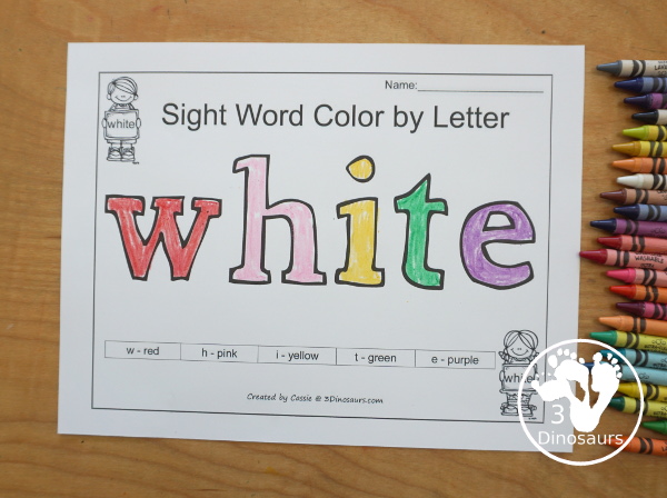 Free Romping & Roaring Primer Sight Words: Well, Went, What, White - you have 6 pages for each sight word that work on learning the sight word in different ways with reading, writing, and finding. 3Dinosaurs.com