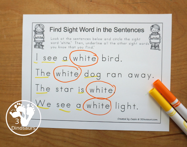 Free Romping & Roaring Primer Sight Words: Well, Went, What, White - you have 6 pages for each sight word that work on learning the sight word in different ways with reading, writing, and finding. 3Dinosaurs.com