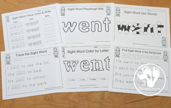 Free Romping & Roaring Primer Sight Word: Went - you have 6 pages for each sight word that work on learning the sight word in different ways with reading, writing, and finding. 3Dinosaurs.com