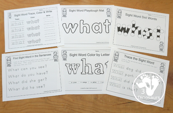 Free Romping & Roaring Primer Sight Word: What - you have 6 pages for each sight word that work on learning the sight word in different ways with reading, writing, and finding. 3Dinosaurs.com