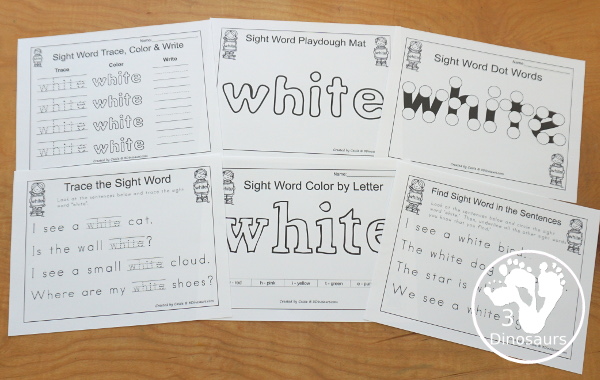 Free Romping & Roaring Primer Sight Word: White - you have 6 pages for each sight word that work on learning the sight word in different ways with reading, writing, and finding. 3Dinosaurs.com