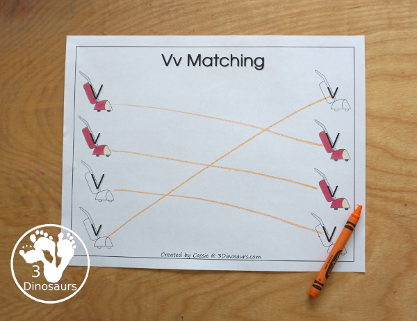 Free Romping & Roaring V Pack Letter Pack: V is for Vacuum - a letter V pack that has prewriting, finding letters Vv, tracing letters V, V coloring pages, shapes, puzzles and more - 3Dinosaurs.com