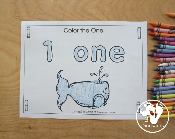 Free Romping and Roaring Number 1 Pack - with number 1 worksheets, number 1 puzzles, number 1 handwriting, number 1 dot marker worksheets and more for PreK and kindergarten age kids with a whale theme. - 3Dinosaurs.com