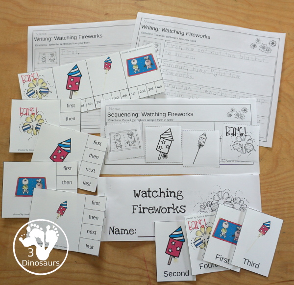 Sequencing: Watching Fireworks with clip cards, task cards, no-prep worksheets, writing activities and easy reader books $ - 3Dinosaurs.com #sequencingforkids