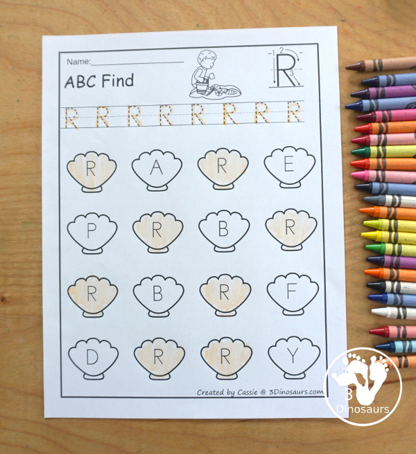 Beach ABC Letter Find Printable with all 26 letters of the alphabet. You trace the letters and then find the letters on the sea shells. You have uppercase only and lowercase only. You have 52 pages in the set. - 3Dinosaurs.com