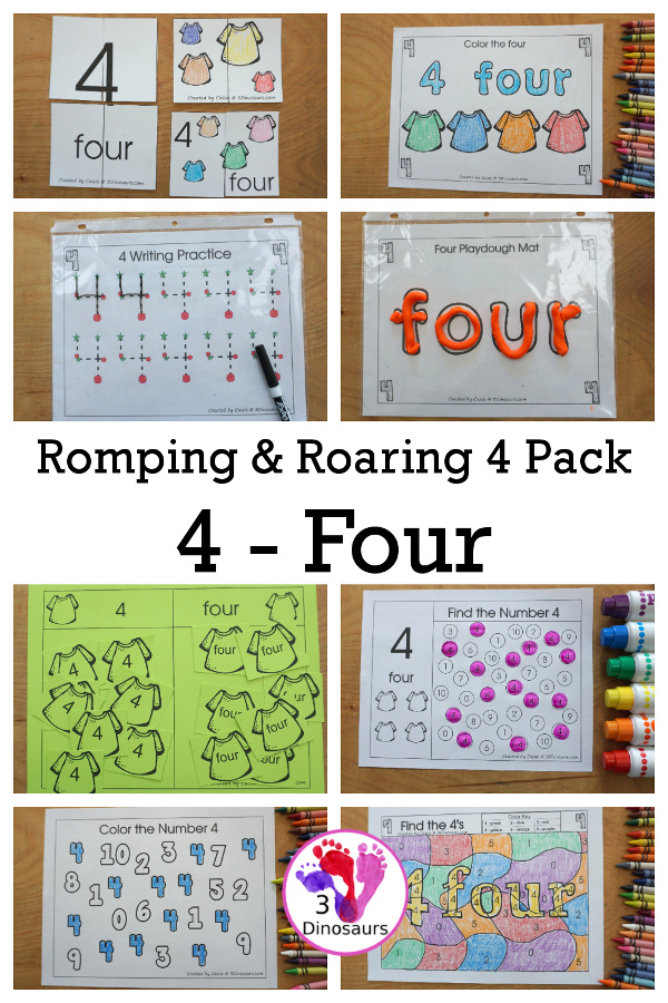 Free Romping and Roaring Number 4 Pack - with number 4 worksheets, number 4 puzzles, number 4 handwriting, number 4 dot marker worksheets and more for PreK and kindergarten age kids with a shirt theme. - 3Dinosaurs.com