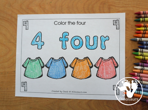 Free Romping and Roaring Number 4 Pack - with number 4 worksheets, number 4 puzzles, number 4 handwriting, number 4 dot marker worksheets and more for PreK and kindergarten age kids with a shirt theme. - 3Dinosaurs.com