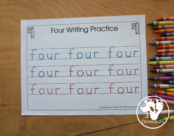 Free Romping and Roaring Number 4 Pack - with number 4 worksheets, number 4 puzzles, number 4 handwriting, number 4 dot marker worksheets and more for PreK and kindergarten age kids with a shirt theme. - 3Dinosaurs.com