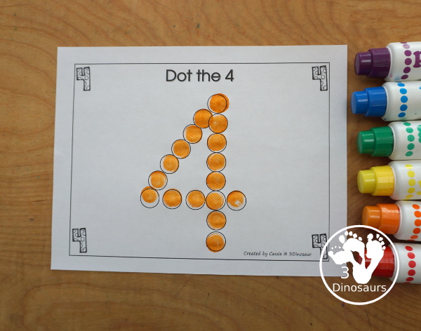 Free Romping and Roaring Number 4 Pack - with number 4 worksheets, number 4 puzzles, number 4 handwriting, number 4 dot marker worksheets and more for PreK and kindergarten age kids with a shirt theme. - 3Dinosaurs.com