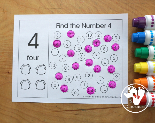 Free Romping and Roaring Number 4 Pack - with number 4 worksheets, number 4 puzzles, number 4 handwriting, number 4 dot marker worksheets and more for PreK and kindergarten age kids with a shirt theme. - 3Dinosaurs.com