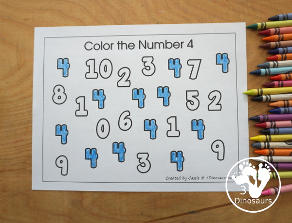 Free Romping and Roaring Number 4 Pack - with number 4 worksheets, number 4 puzzles, number 4 handwriting, number 4 dot marker worksheets and more for PreK and kindergarten age kids with a shirt theme. - 3Dinosaurs.com