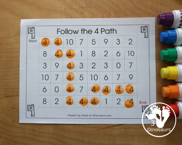 Free Romping and Roaring Number 4 Pack - with number 4 worksheets, number 4 puzzles, number 4 handwriting, number 4 dot marker worksheets and more for PreK and kindergarten age kids with a shirt theme. - 3Dinosaurs.com