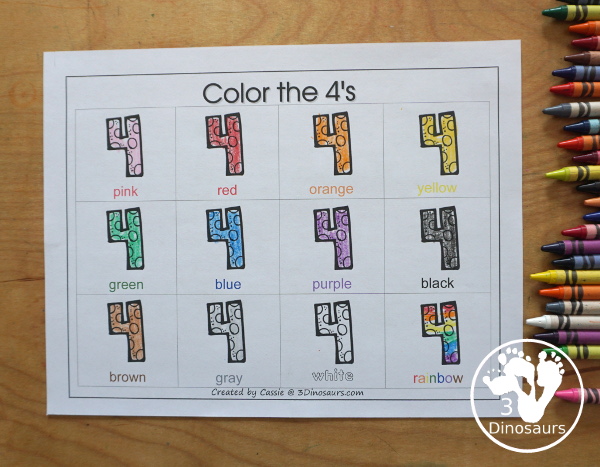 Free Romping and Roaring Number 4 Pack - with number 4 worksheets, number 4 puzzles, number 4 handwriting, number 4 dot marker worksheets and more for PreK and kindergarten age kids with a shirt theme. - 3Dinosaurs.com