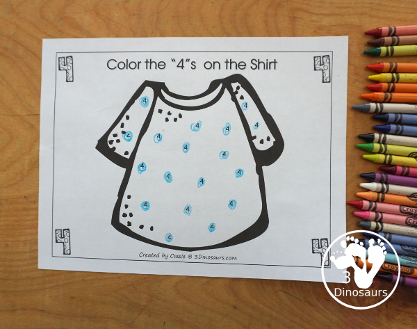 Free Romping and Roaring Number 4 Pack - with number 4 worksheets, number 4 puzzles, number 4 handwriting, number 4 dot marker worksheets and more for PreK and kindergarten age kids with a shirt theme. - 3Dinosaurs.com