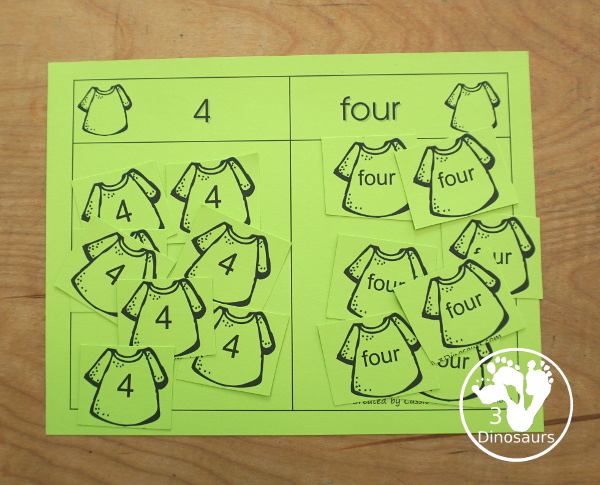Free Romping and Roaring Number 4 Pack - with number 4 worksheets, number 4 puzzles, number 4 handwriting, number 4 dot marker worksheets and more for PreK and kindergarten age kids with a shirt theme. - 3Dinosaurs.com