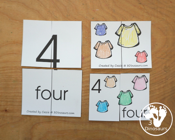Free Romping and Roaring Number 4 Pack - with number 4 worksheets, number 4 puzzles, number 4 handwriting, number 4 dot marker worksheets and more for PreK and kindergarten age kids with a shirt theme. - 3Dinosaurs.com