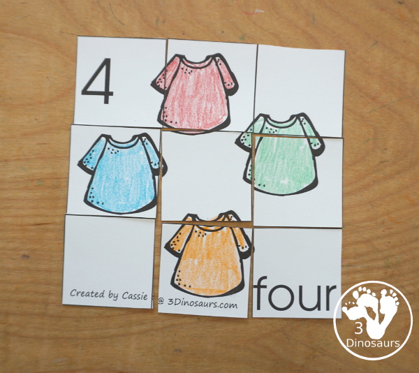 Free Romping and Roaring Number 4 Pack - with number 4 worksheets, number 4 puzzles, number 4 handwriting, number 4 dot marker worksheets and more for PreK and kindergarten age kids with a shirt theme. - 3Dinosaurs.com
