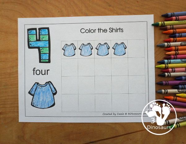 Free Romping and Roaring Number 4 Pack - with number 4 worksheets, number 4 puzzles, number 4 handwriting, number 4 dot marker worksheets and more for PreK and kindergarten age kids with a shirt theme. - 3Dinosaurs.com