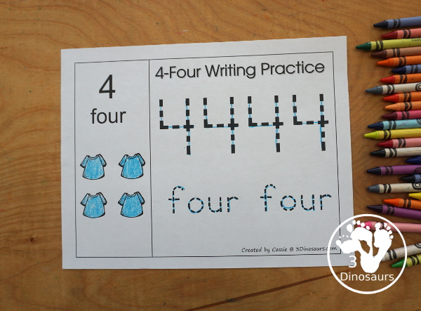 Free Romping and Roaring Number 4 Pack - with number 4 worksheets, number 4 puzzles, number 4 handwriting, number 4 dot marker worksheets and more for PreK and kindergarten age kids with a shirt theme. - 3Dinosaurs.com