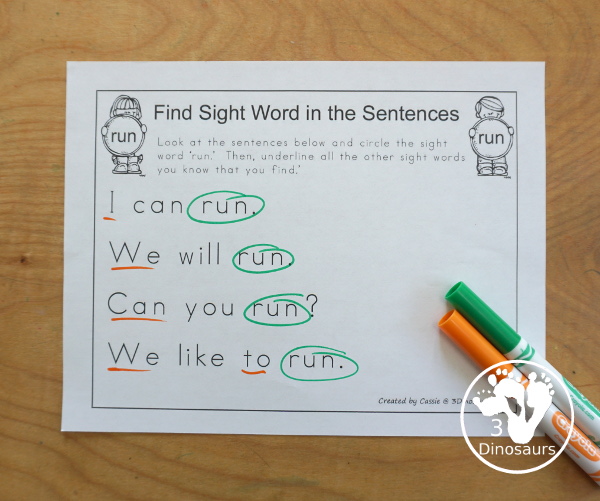 Romping & Roaring Preprimer Sight Words: Run, Said, See, The - you have 6 pages for each sight word that work on learning the sight word different ways with reading, writing, and finding. 3Dinosaurs.com