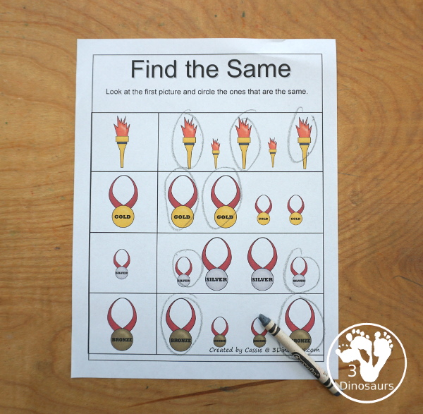 Free Summer Olympics Tot Printables - find the same picture in each row a great worksheet - 3Dinosaurs.com