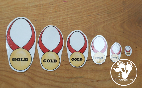 Free Summer Olympics Tot Printables - sorting gold medals by size - 3Dinosaurs.com