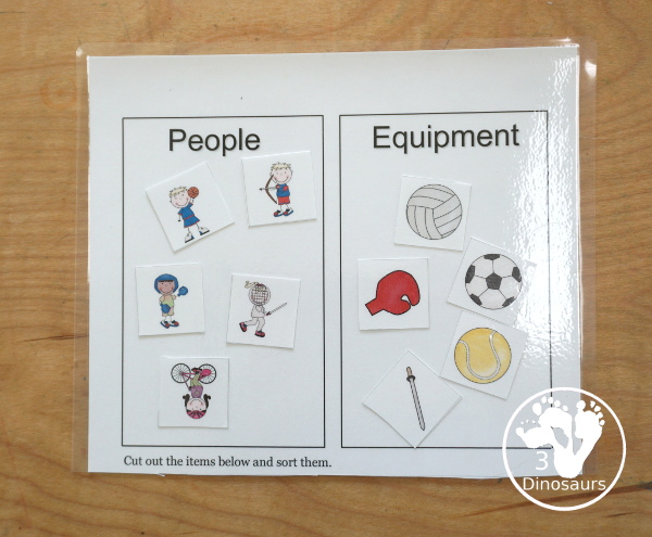 Free Summer Olympics Tot Printables - sorting people and equipment with 5 pictures for each side. - 3Dinosaurs.com