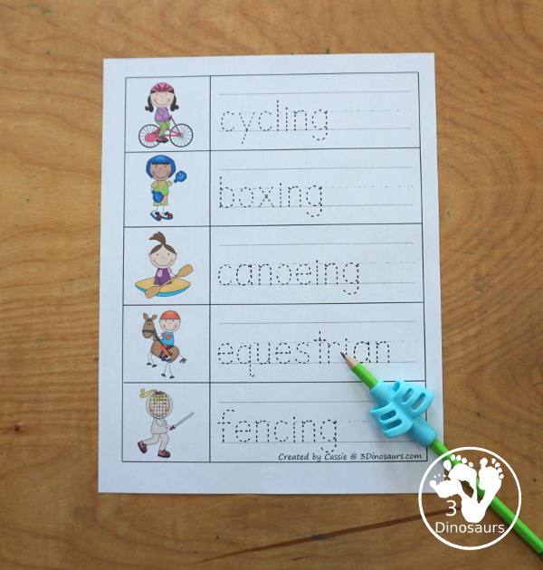 Free Summer Olympics Tot Printables - tracing the sports words - 3Dinosaurs.com